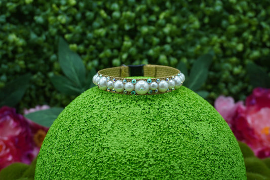 Golden Pearl Glam: Handmade Gold Pearl & Rhinestone Cat Collar – Luxury Cat Collar with Pearls and Safe Breakaway